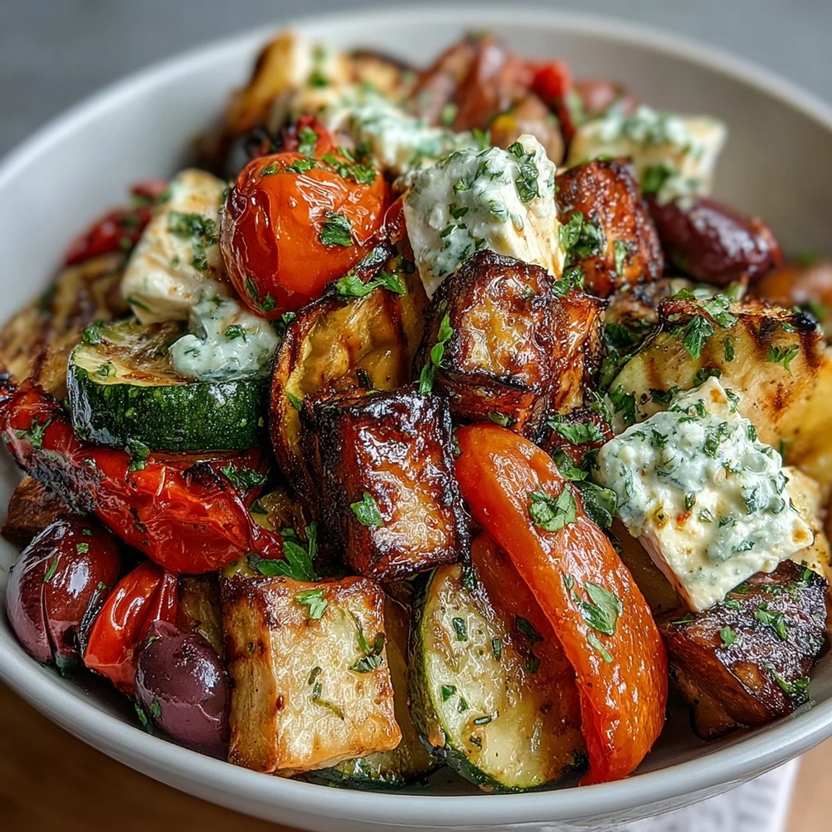 Golden roasted vegetables and creamy feta cheese tossed in a zesty lemon-oregano dressing for this warm Greek salad.