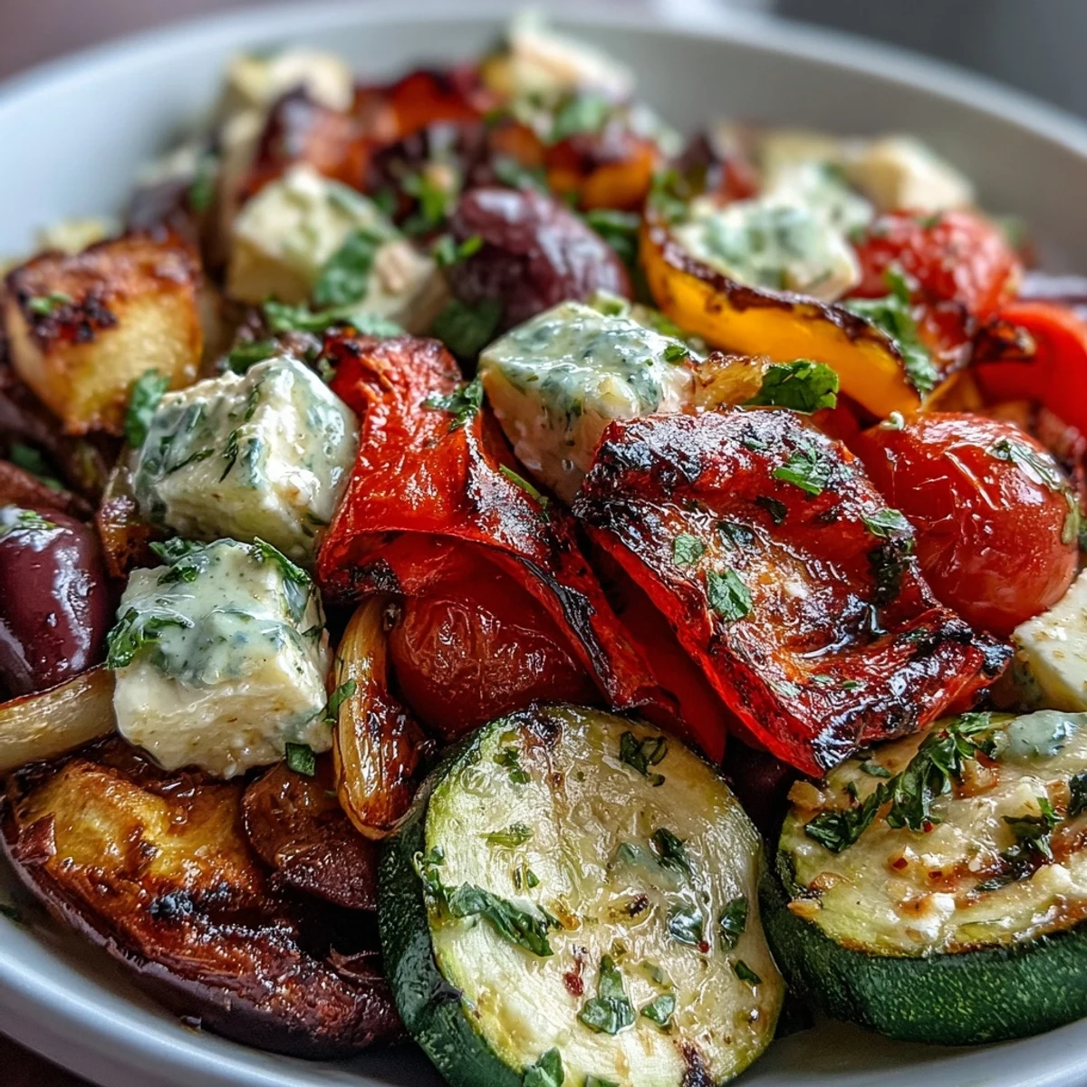 A vibrant plate of roasted Greek salad with caramelized bell peppers, eggplant, and feta on a rustic wooden table.