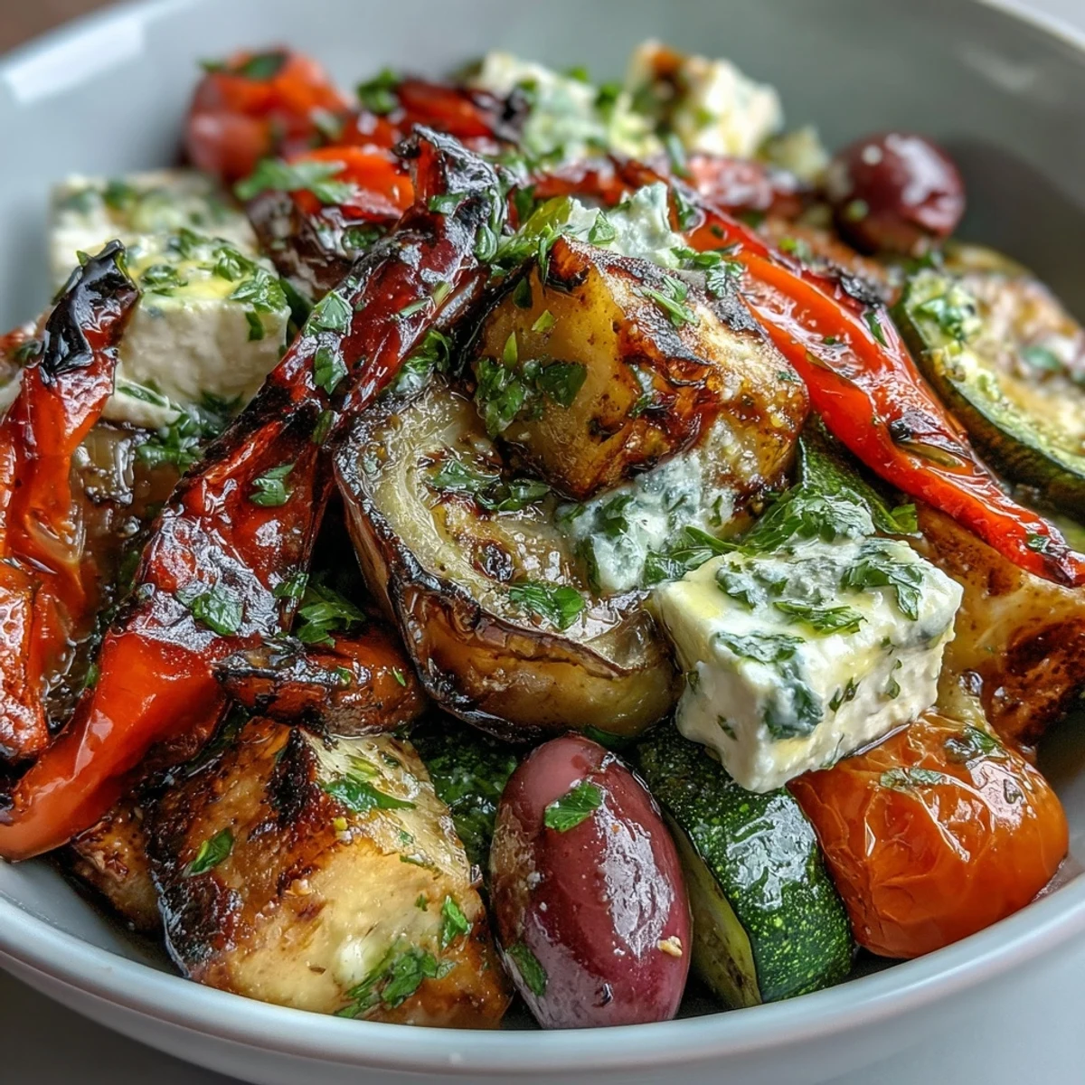 Fresh parsley and Kalamata olives garnish a colorful serving of roasted Greek salad, perfect for a summer meal.