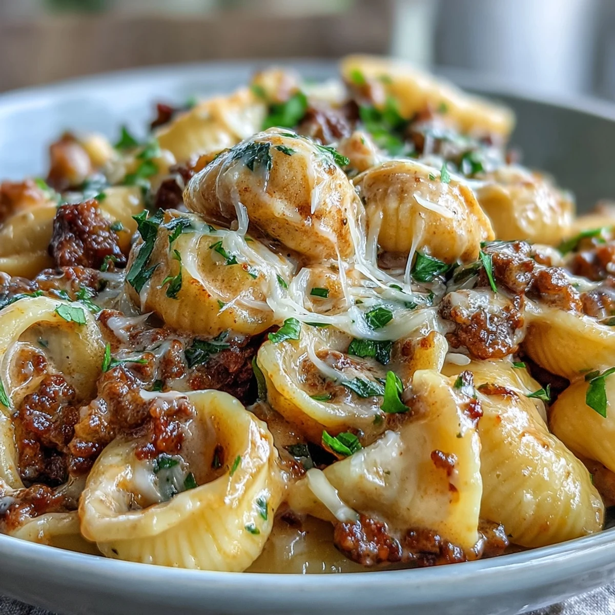 Tender pasta shells bathing in a rich sauce in this one pot meal.