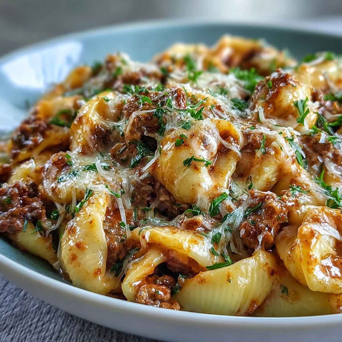Visually appealing one pot creamy beef and shells ready for serving.