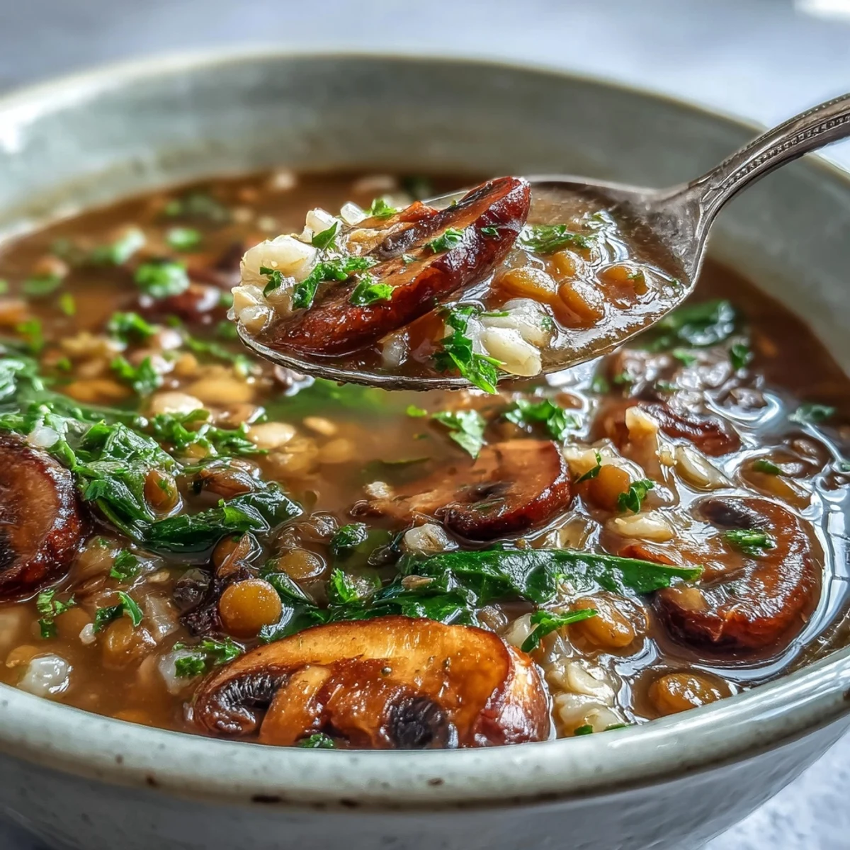 A warm bowl of Double Lentil and Mushroom Barley Soup, garnished with fresh parsley.  