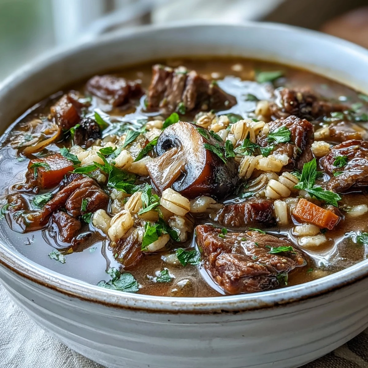 Hearty Beef and Barley Soup with Mushrooms ladled from a Dutch oven with sliced carrots and celery.