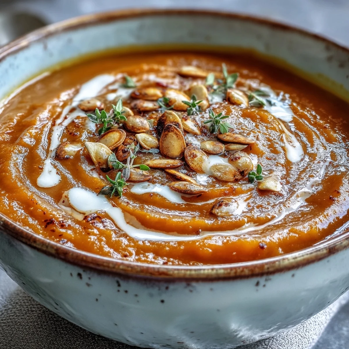 Creamy Roasted Butternut Squash Soup steaming in a white ceramic bowl, ready to be served. 