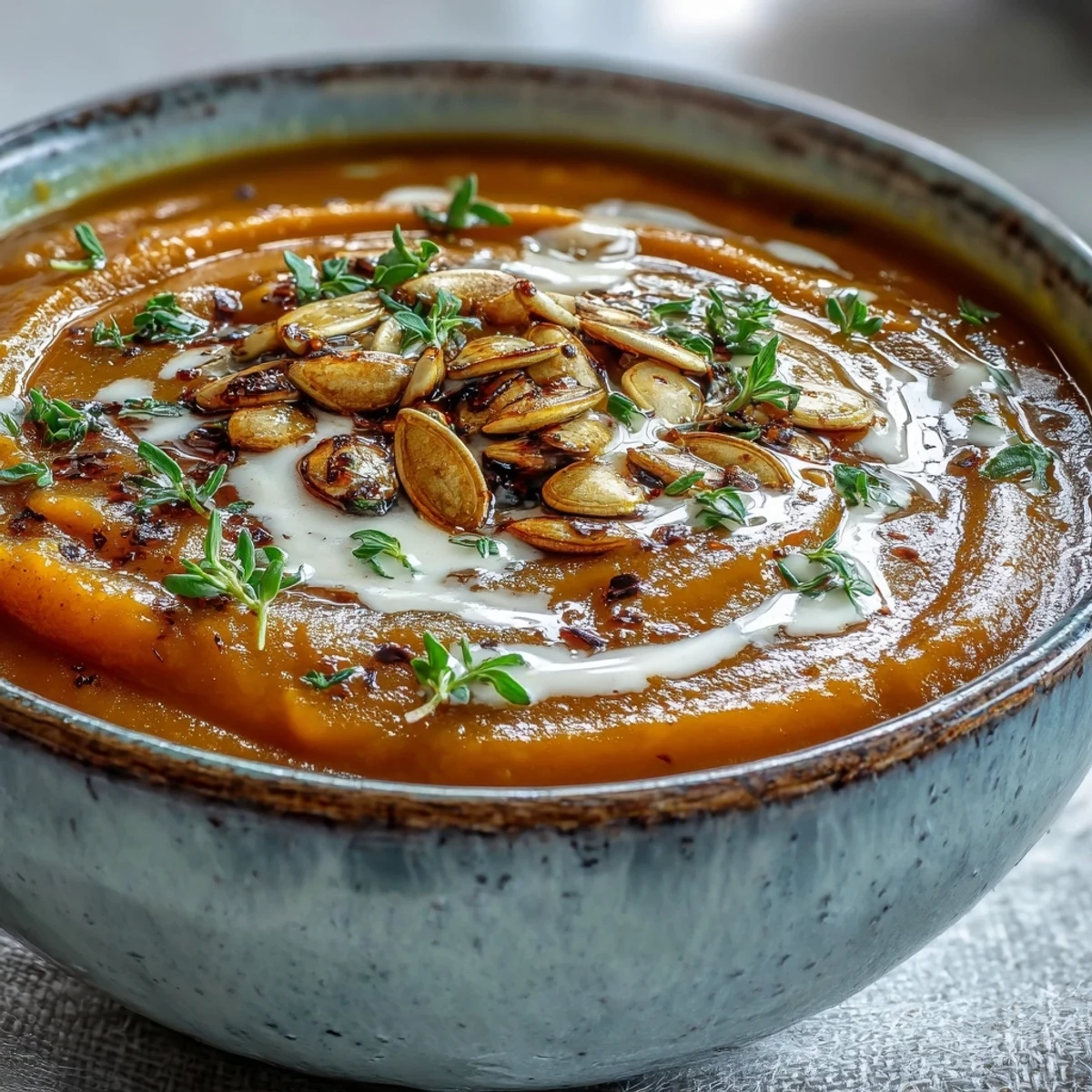 Golden Roasted Butternut Squash Soup with a drizzle of cream and fresh thyme garnish.