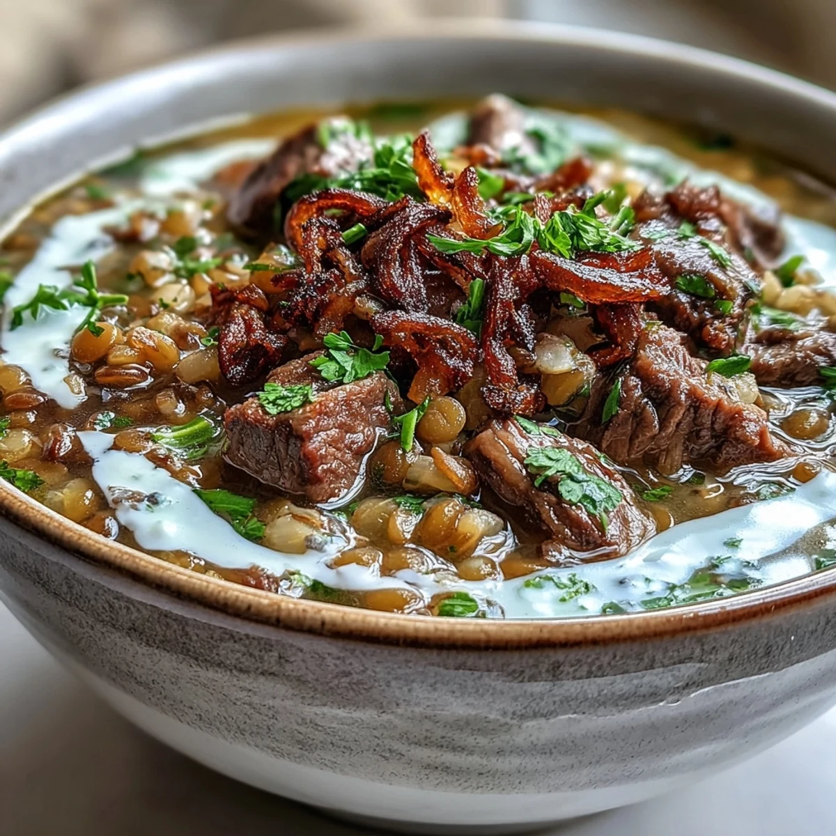 Steaming bowl of Beef Barley Soup topped with golden mint-fried onions and a swirl of sour cream.