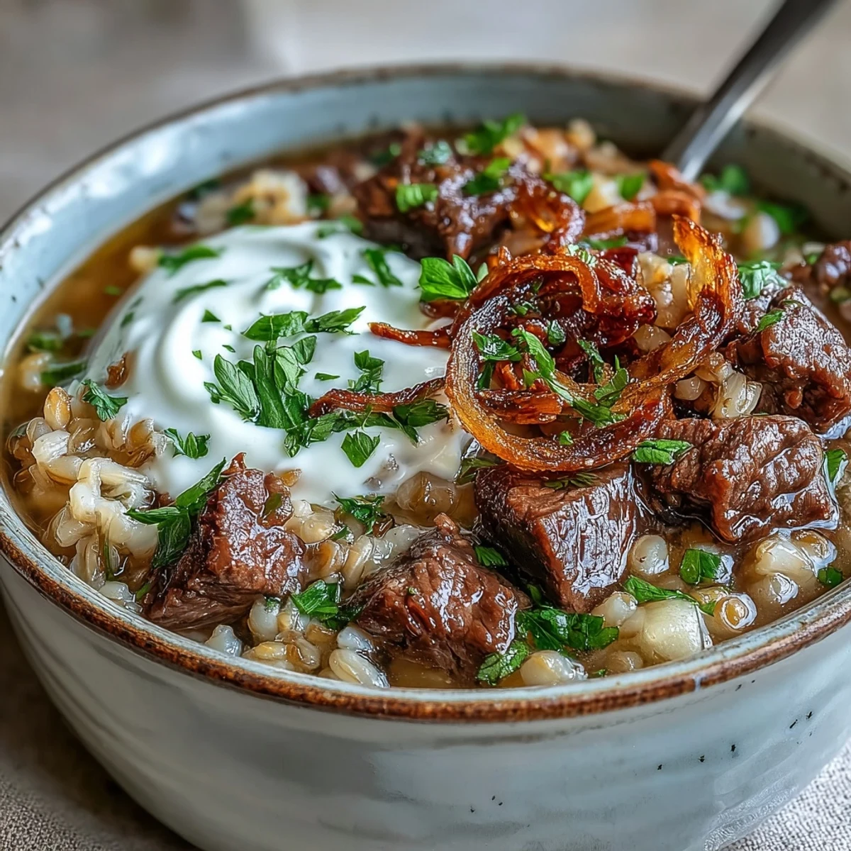 Hearty Persian-inspired Beef Barley Soup with tender beef, lentils, beans, and fresh herbs for a cozy meal.