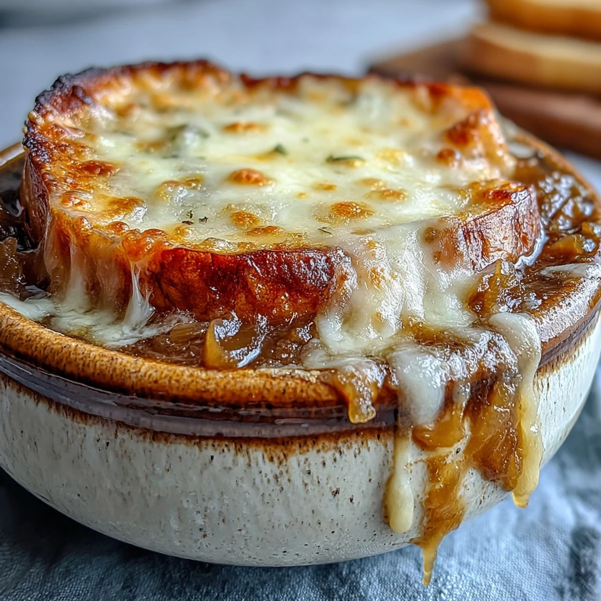 A close-up of Classic French Onion Soup showing gooey Gruyère stretching from a toasted baguette slice over deep brown, savory broth.