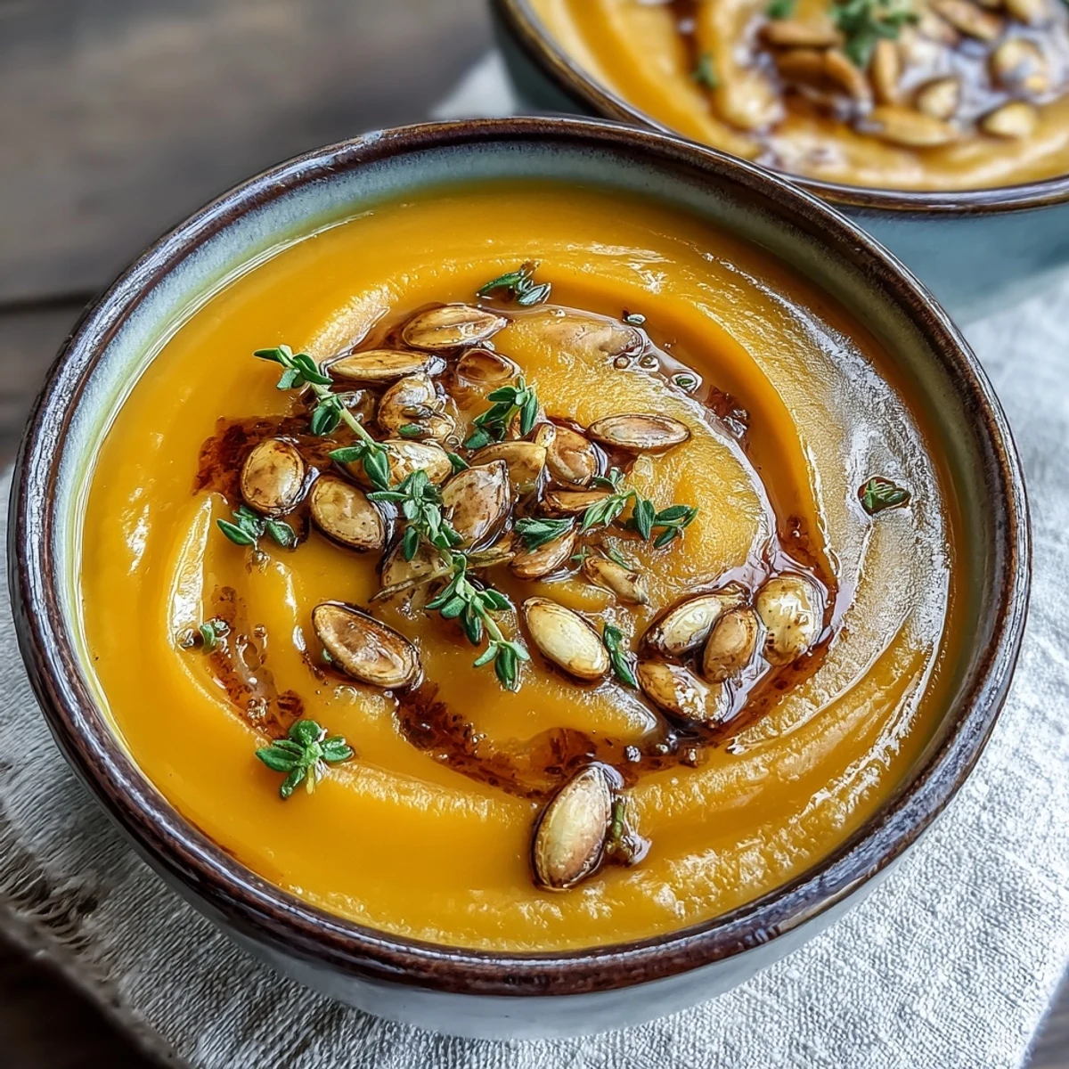 Creamy homemade Butternut Squash Soup served hot in a rustic mug with a cinnamon stick garnish.