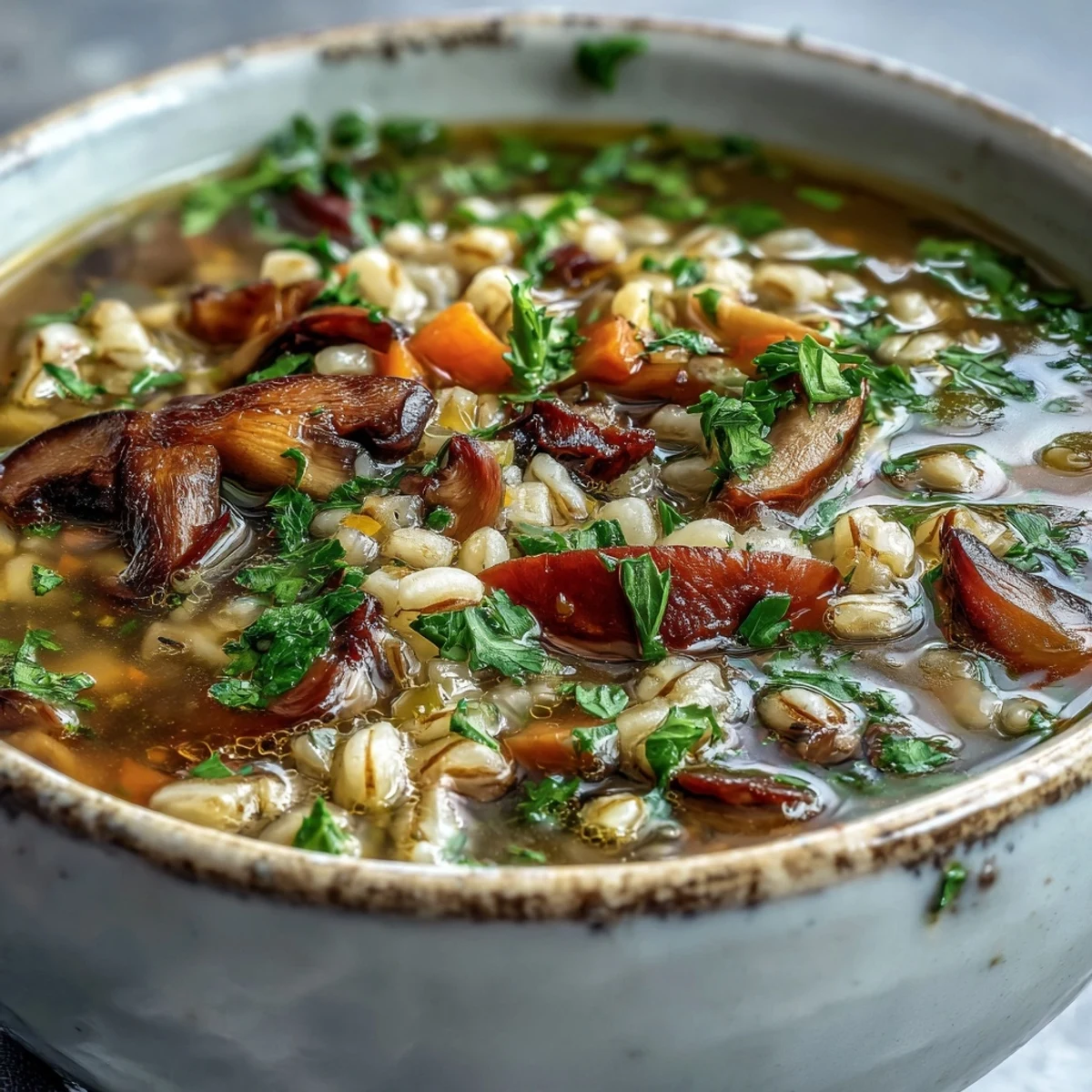 Homemade Mushroom Barley Soup simmering in a Dutch oven, featuring rich broth with tender shiitake, white mushrooms, and chewy pearl barley. Perfect for a cozy vegetarian meal.