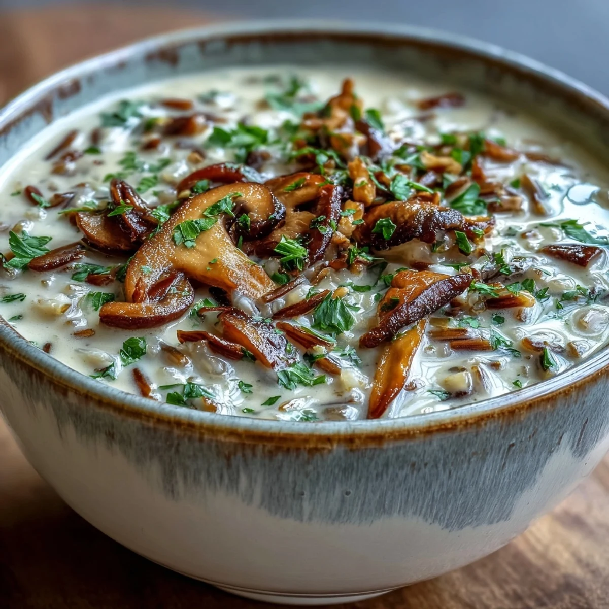 A steaming bowl of Wild Rice Mushroom Soup garnished with fresh parsley, showcasing the rich, creamy texture and earthy mushrooms.