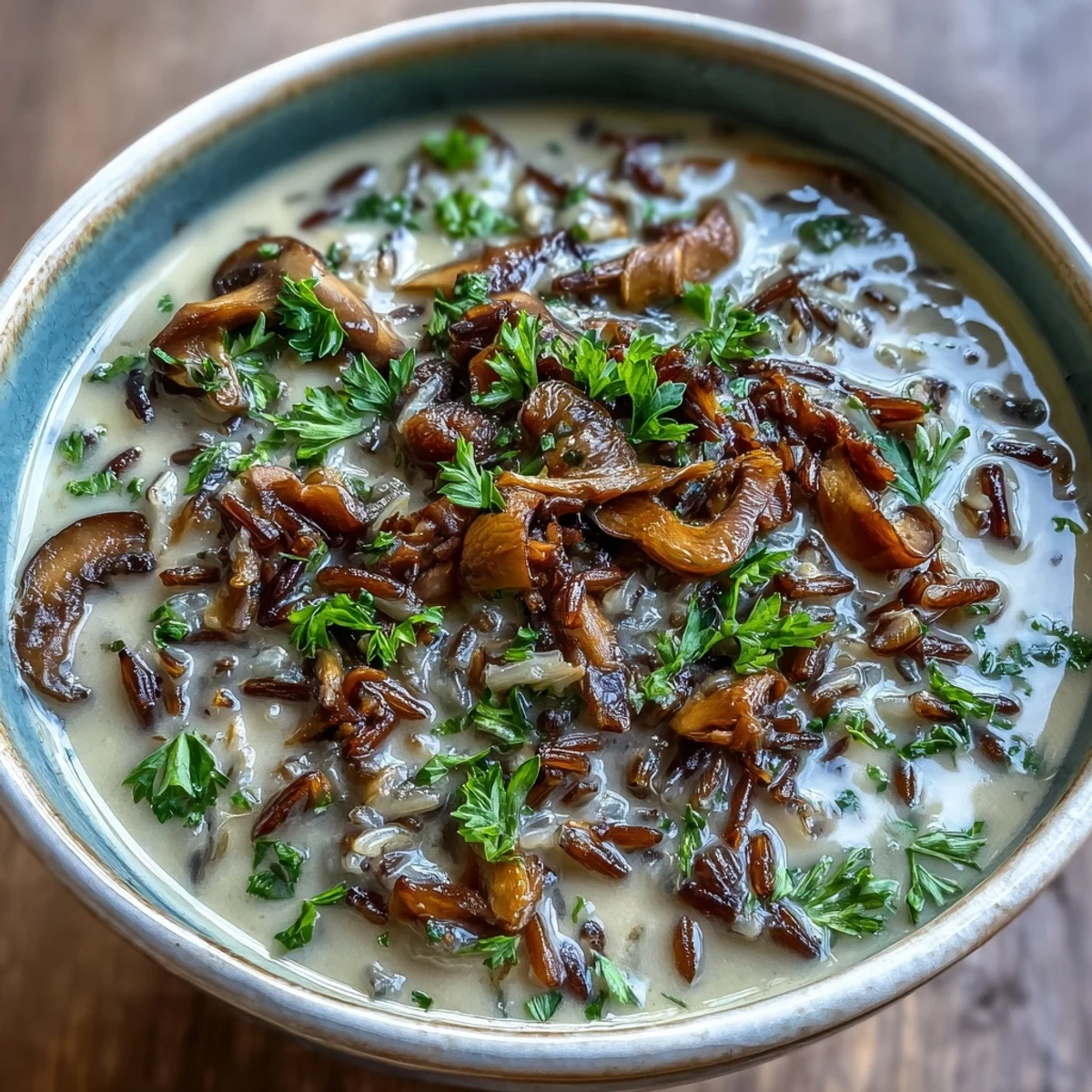 Close-up of Wild Rice Mushroom Soup in a white bowl, with sautéed mushrooms and carrots peeking through the velvety broth.