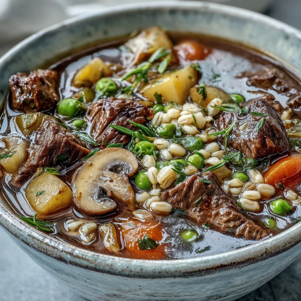 Steaming beef and barley soup in a rustic bowl features tender beef, carrots, and pearl barley in a rich broth.