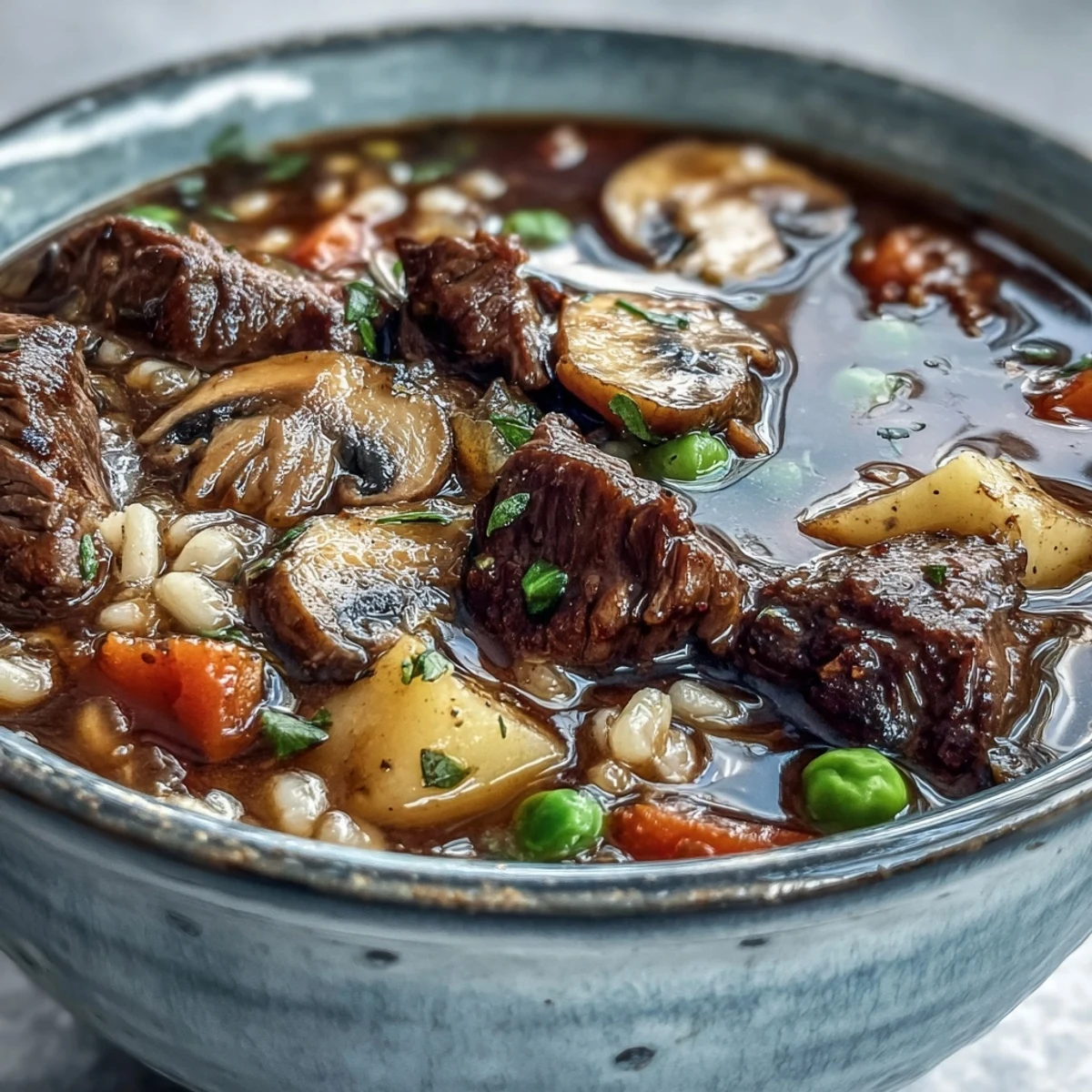 A pot of beef and barley soup simmers on the stove, filled with mushrooms, potatoes, and fresh herbs.
