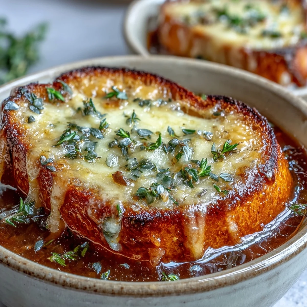 Serve French Onion Soup garnished with thyme, alongside a crisp salad and glass of white wine.