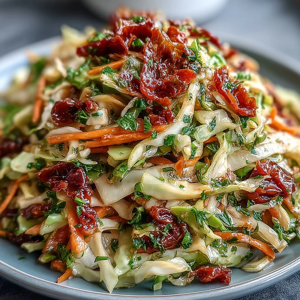 A vibrant bowl of Cabbage Salad With Sundried Tomatoes features crisp purple and green ribbons tossed with sweet, chewy tomatoes and fresh herbs.