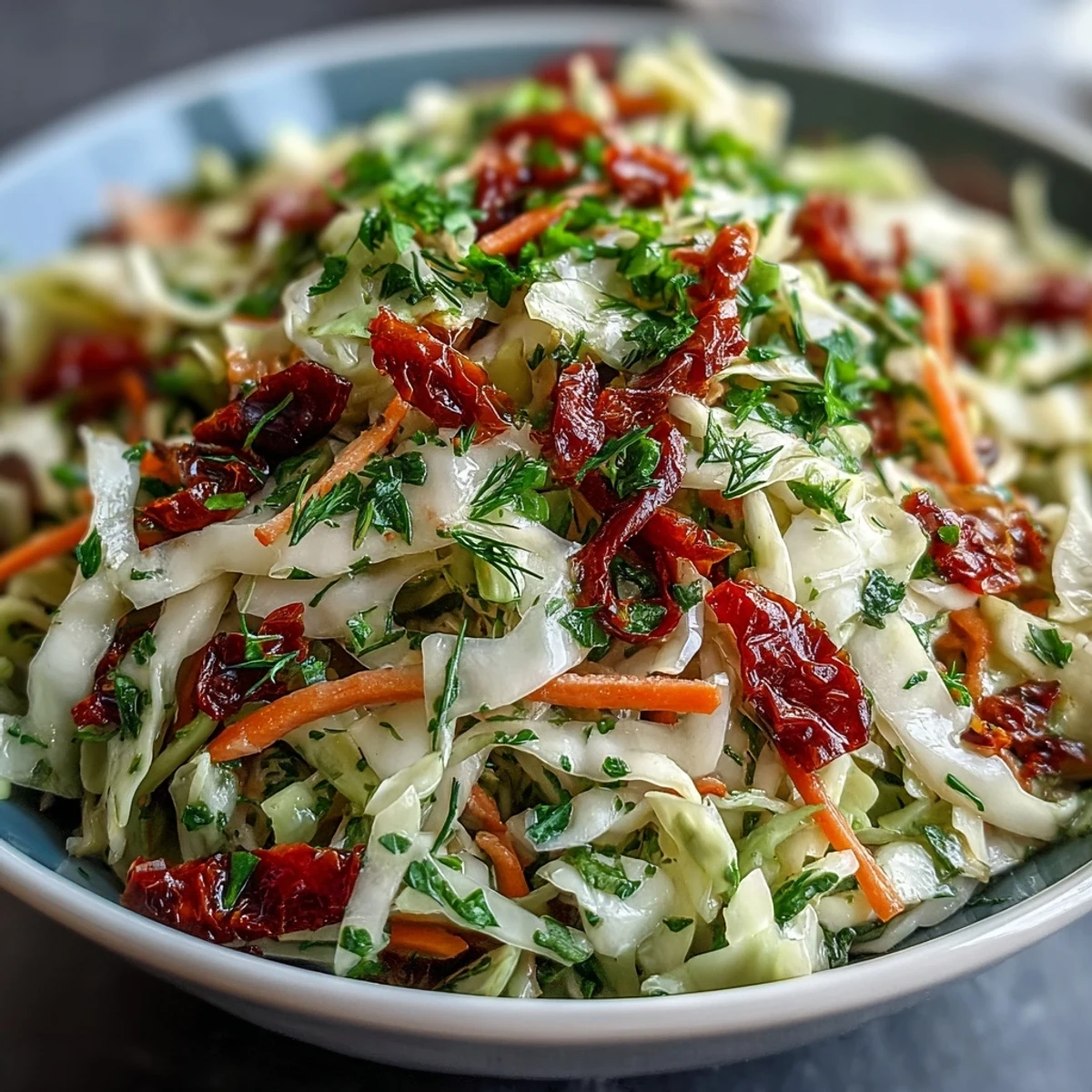 Freshly tossed Cabbage Salad With Sundried Tomatoes shows bright shredded cabbage, julienned carrots, and red bell pepper in a herby dressing.