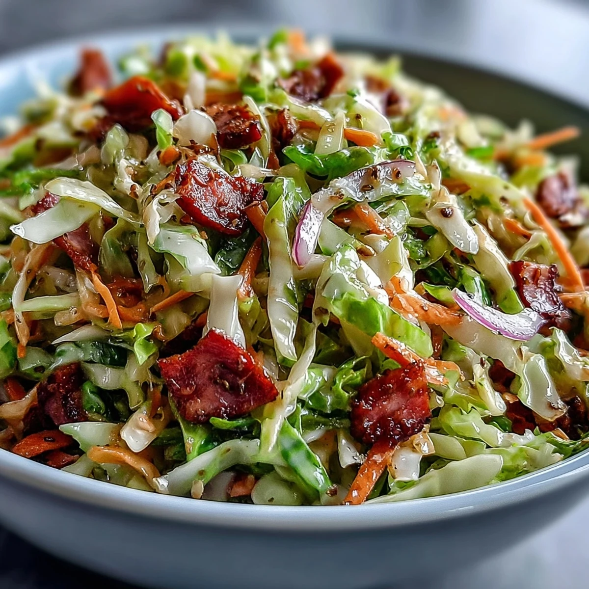 Freshly tossed German Cabbage Coleslaw With Shredded Ham showcases crisp purple and green cabbage with savory smoked ham in a tangy apple cider vinegar dressing.
