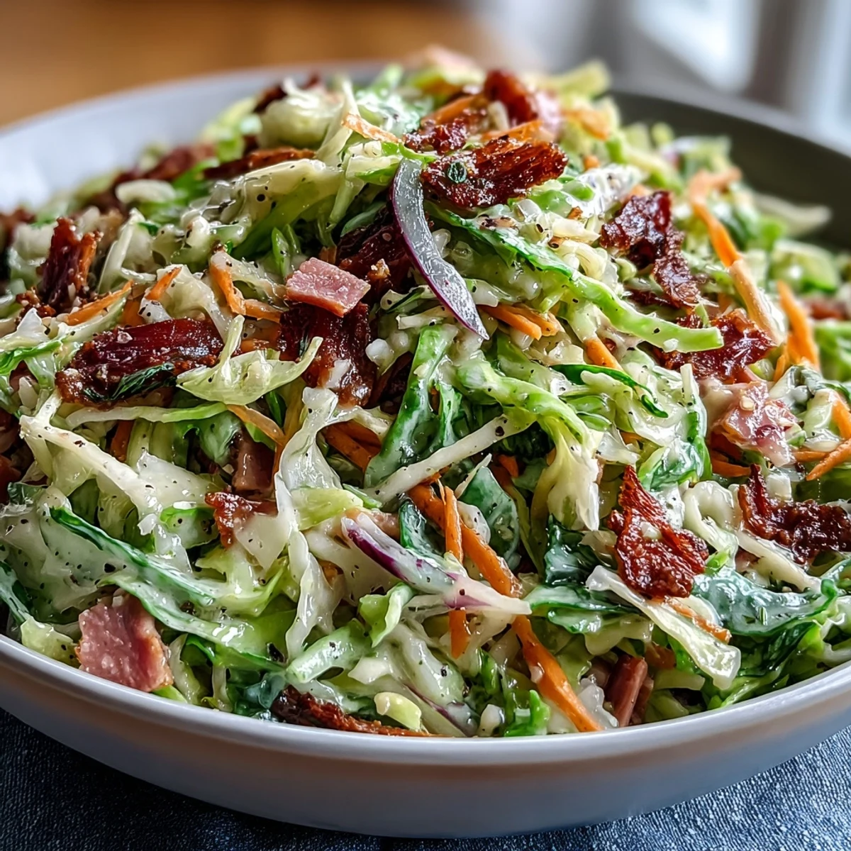 Topped with fresh parsley, the German Cabbage Coleslaw With Shredded Ham rests in a rustic white bowl beside sliced bratwurst for a hearty meal.
