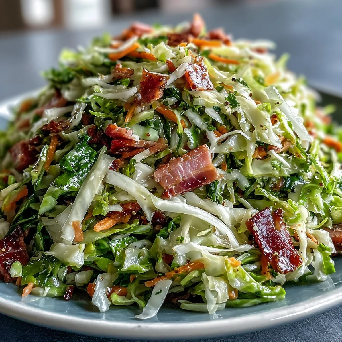 A close-up of German Cabbage Coleslaw With Shredded Ham highlights shredded carrots and red onion tossed in a glossy, tangy dressing with visible caraway seeds.