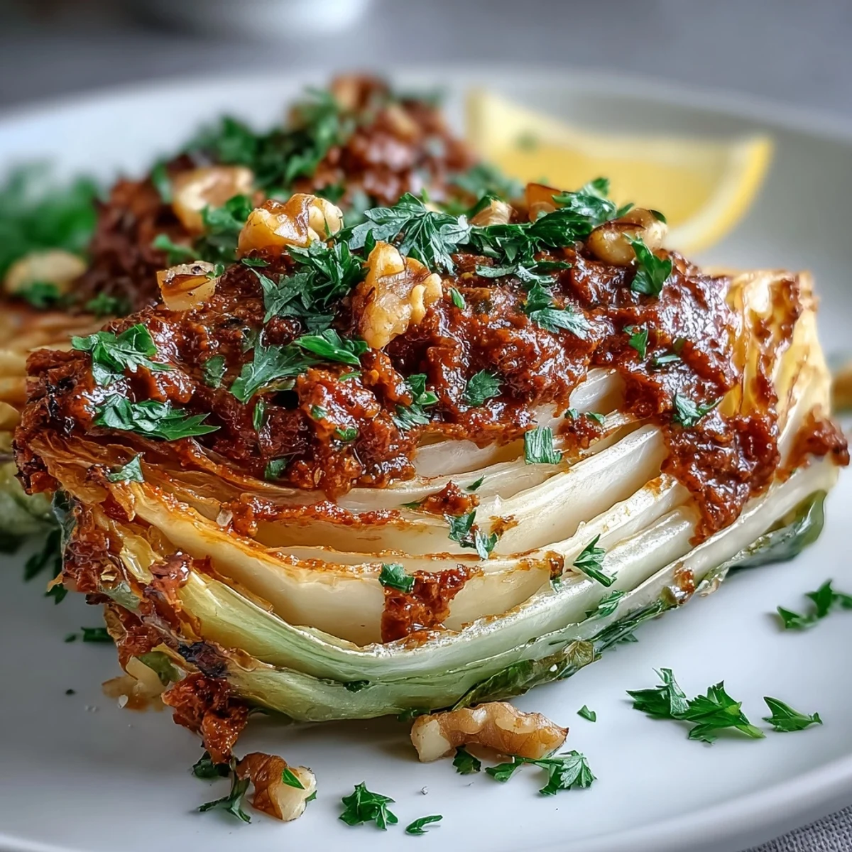 Golden roasted cabbage wedges glistening with olive oil, topped with a rich, nutty winter romesco sauce and fresh parsley.
