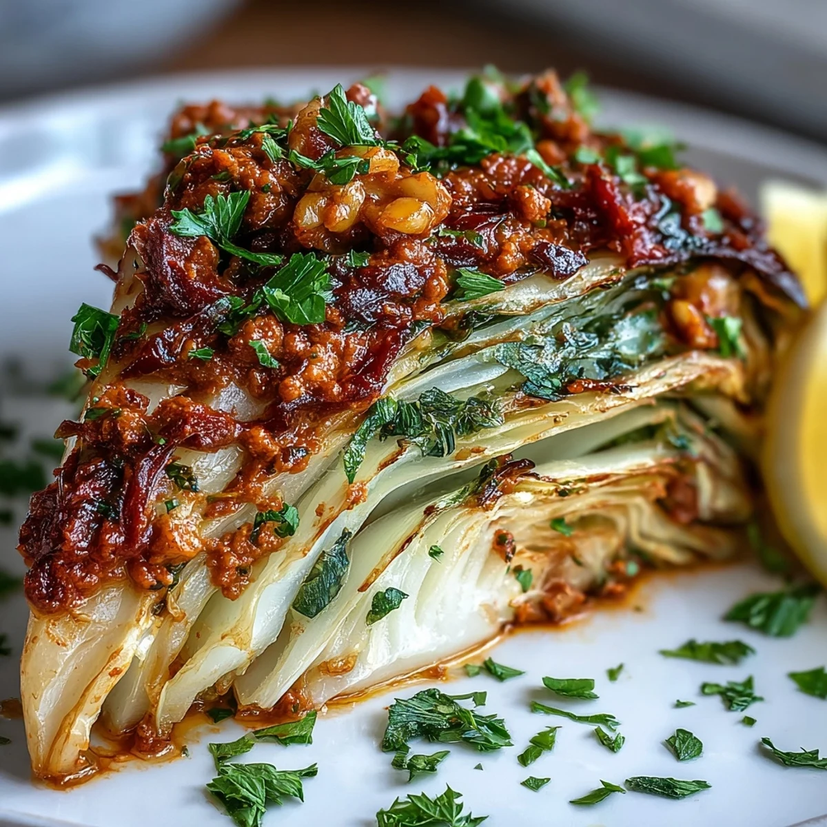 A platter of warm Baked Cabbage Salad with Winter Romesco, garnished with toasted walnuts and lemon wedges for brightness.