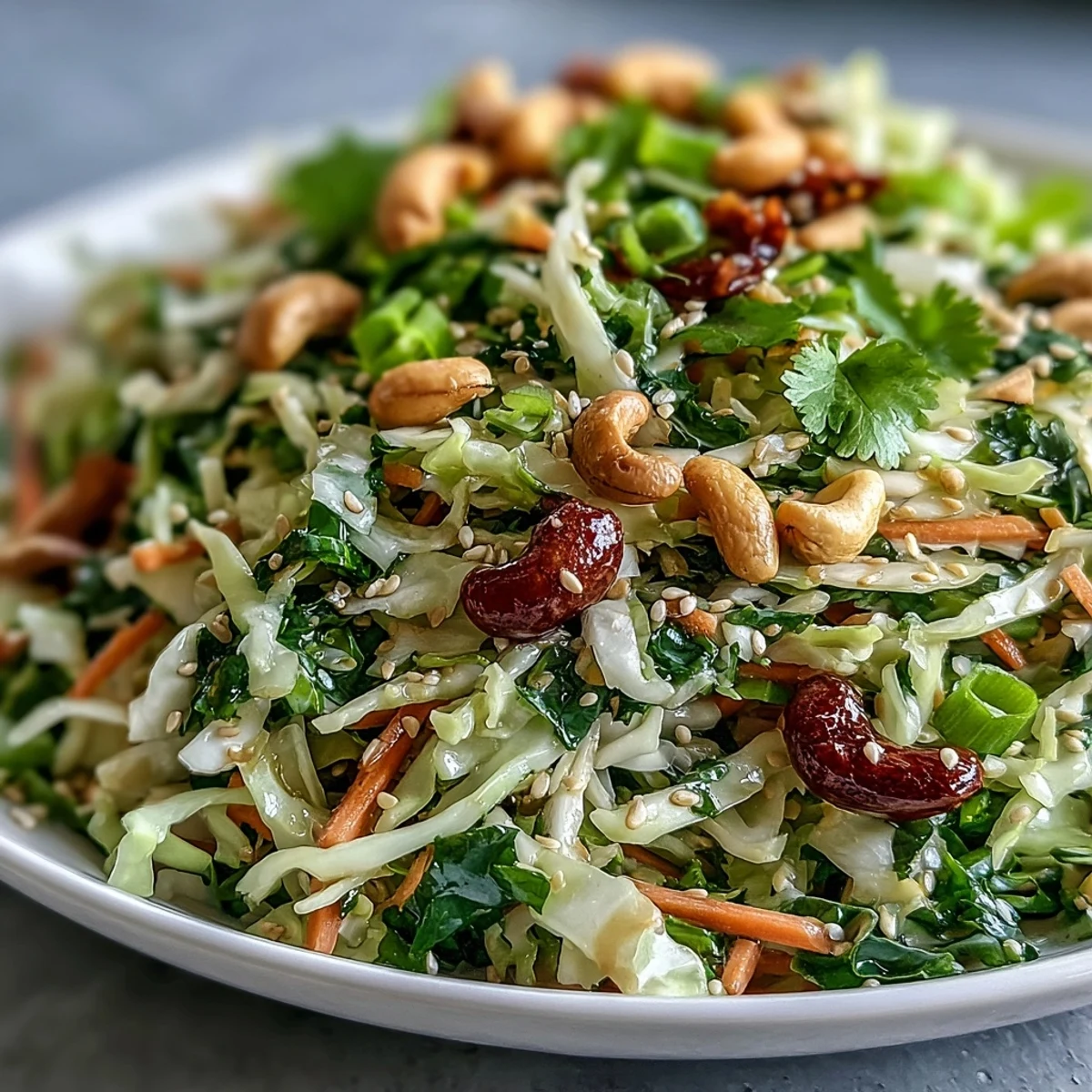 Freshly tossed Asian Cabbage Salad with crisp green and purple cabbage, shredded carrots, and toasted sesame seeds glistening in a savory ginger dressing.
