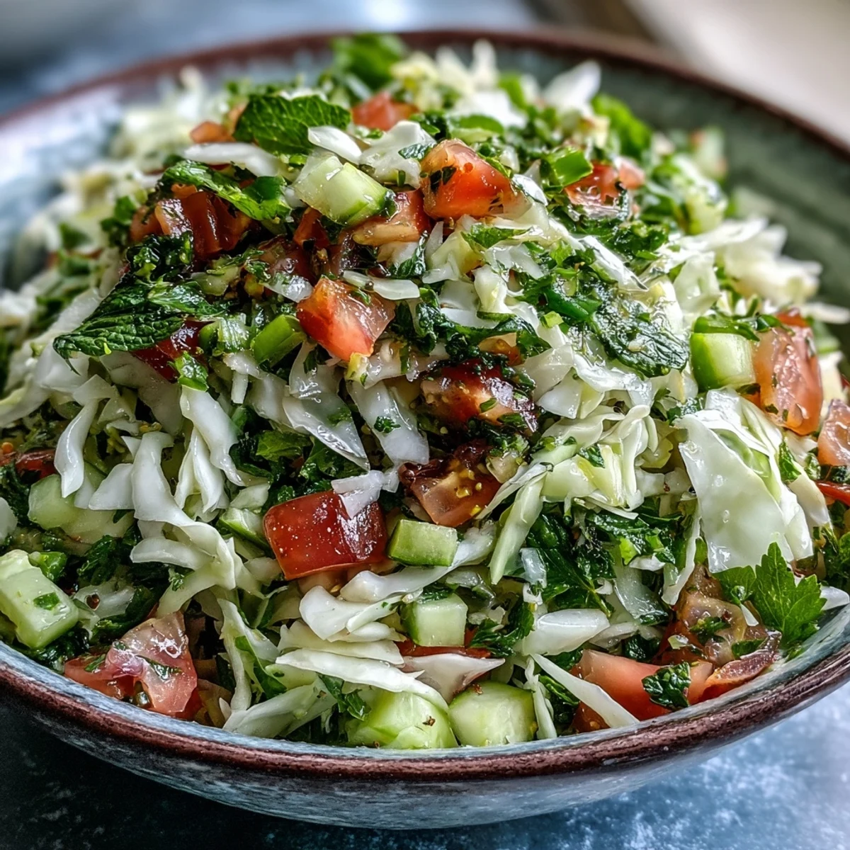 Close-up of Lebanese Cabbage Salad featuring crisp green cabbage, fresh parsley and mint, diced tomato, and cucumber, all lightly coated in a bright lemon dressing. Ready to serve.