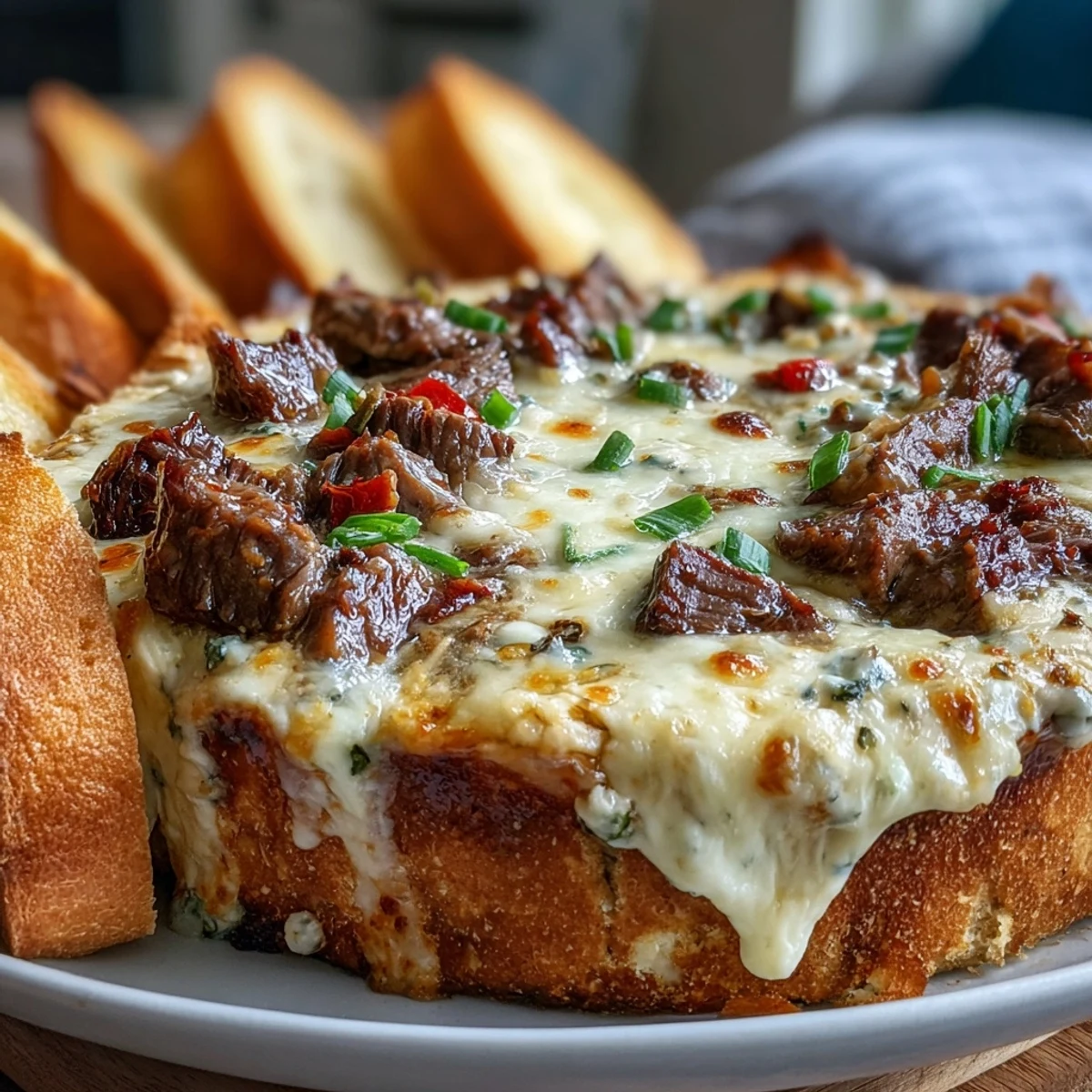 Golden, bubbly Philly Cheesesteak Dip in a baking dish, topped with melted provolone, served with toasted crostini for dipping.