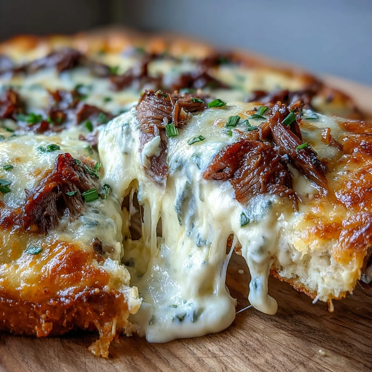 Golden-brown, melty Philly Cheesesteak Dip fresh from the oven, served hot in a baking dish with crostini.