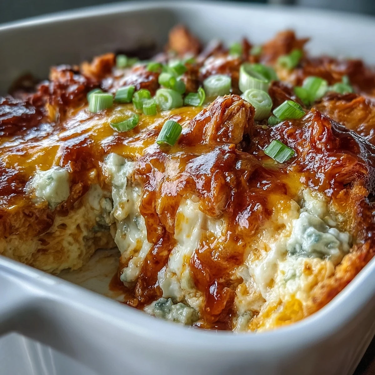 Creamy Buffalo Chicken Dip from a baking dish garnished with green onions, surrounded by tortilla chips and carrot sticks.