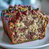 Rich Chocolate Chip Peanut Butter Oatmeal Banana Bread loaf, glistening with melty chips.