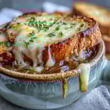 Classic French Onion Soup served steaming in a rustic bowl, with a cheesy, toasted bread crust floating atop rich, caramelized onion broth.