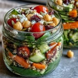Colorful healthy summer meal prep: mason jar salads with crisp veggies, chickpeas, and feta for nutritious lunches.