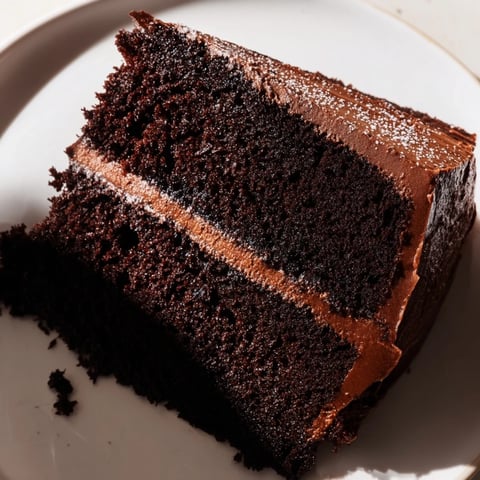 A rich slice of Devils Food Cake, showcasing moist layers and creamy chocolate frosting.