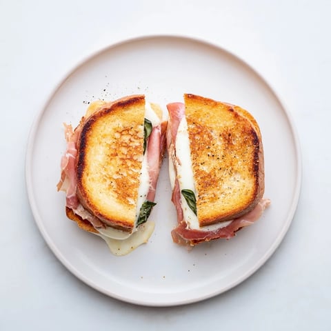 Golden sourdough grilled cheese with crispy prosciutto and creamy burrata, sprinkled with fresh basil on a rustic plate.  