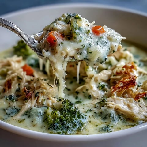 Creamy Chicken Broccoli Cheddar Soup with melted cheese and tender broccoli florets.