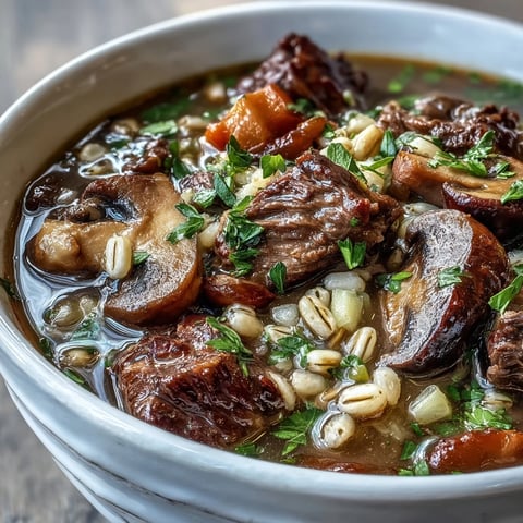 Steamy Beef and Barley Soup with Mushrooms in a rustic bowl with fresh parsley garnish.