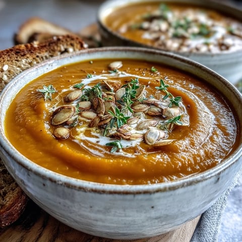 Freshly blended Roasted Butternut Squash Soup in a rustic bowl, topped with pumpkin seeds and thyme. 