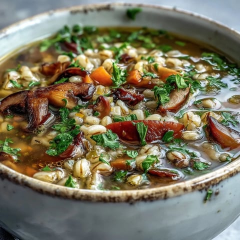 Homemade Mushroom Barley Soup simmering in a Dutch oven, featuring rich broth with tender shiitake, white mushrooms, and chewy pearl barley. Perfect for a cozy vegetarian meal.