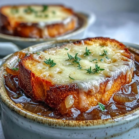 Golden, bubbly Gruyère melts over toasted baguette slices in a bowl of steaming French Onion Soup.