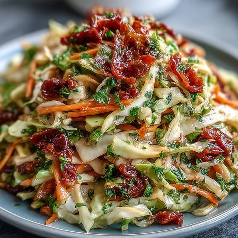 A vibrant bowl of Cabbage Salad With Sundried Tomatoes features crisp purple and green ribbons tossed with sweet, chewy tomatoes and fresh herbs.