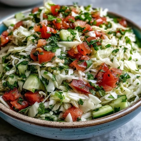 Bright, finely shredded cabbage tossed with diced tomato, cucumber, and fresh herbs in a zesty lemon-olive oil dressing in a bowl. Lebanese Cabbage Salad for a light, refreshing vegan side.
