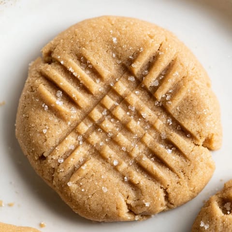 Golden brown peanut butter cookies arranged enticingly; imagine their sweet, nutty aroma.