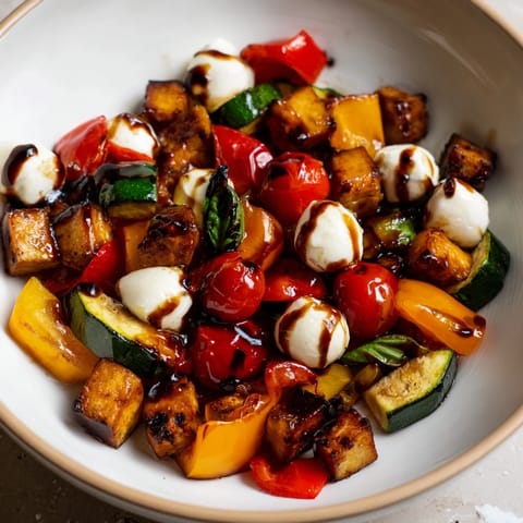 Roasted Veggie Caprese Salad with colorful roasted vegetables, creamy mozzarella pearls, and a sweet balsamic glaze drizzle.
