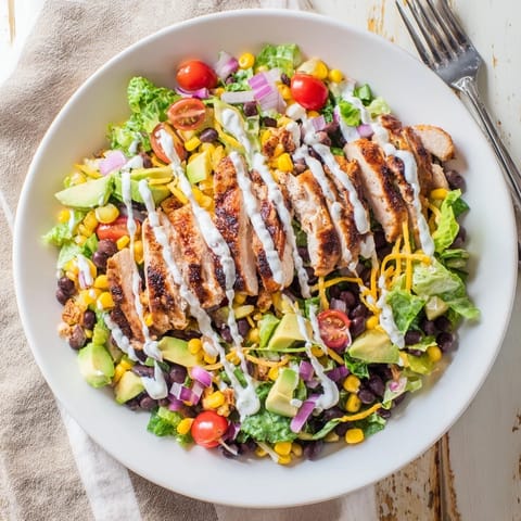 Vibrant salad bowl with tender grilled BBQ chicken, sweet corn, black beans, tomatoes, and avocado, topped with rich ranch dressing.  