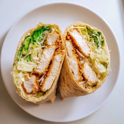 A close-up of the Crispy Chicken Caesar Wrap, showcasing golden fried chicken and creamy Caesar dressing drizzled over crisp lettuce.  