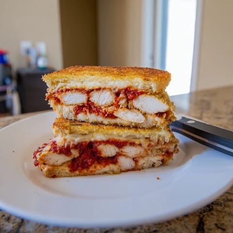 A perfectly grilled Chicken Parm Grilled Cheese sandwich, sliced to reveal gooey melted cheese and hearty chicken layers.  