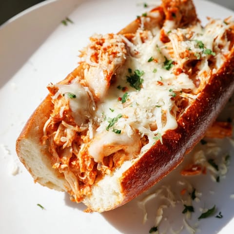 Golden Garlic Bread Boats filled with Chicken Parm and marinara, topped with melted mozzarella for a hearty Italian-American meal.