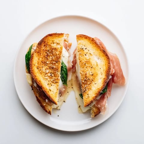 A close-up of a melted burrata and crisp prosciutto grilled cheese, sliced to show the gooey Italian cheese inside.  